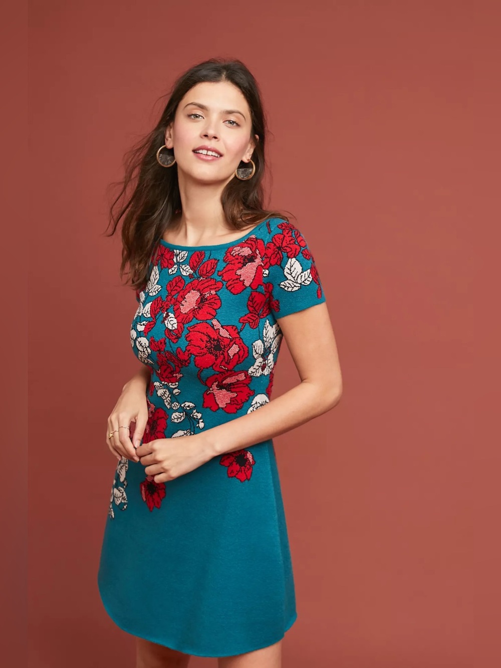 Maeve Allison Floral Sweater Dress Mini Teal w/Red Flowers Size Medium Womens
